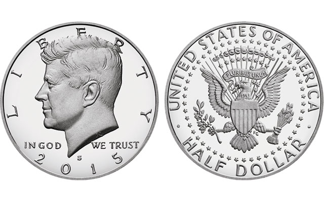 2015 Kennedy half dollar obverse and reverse showing mint mark location below Kennedy's neck