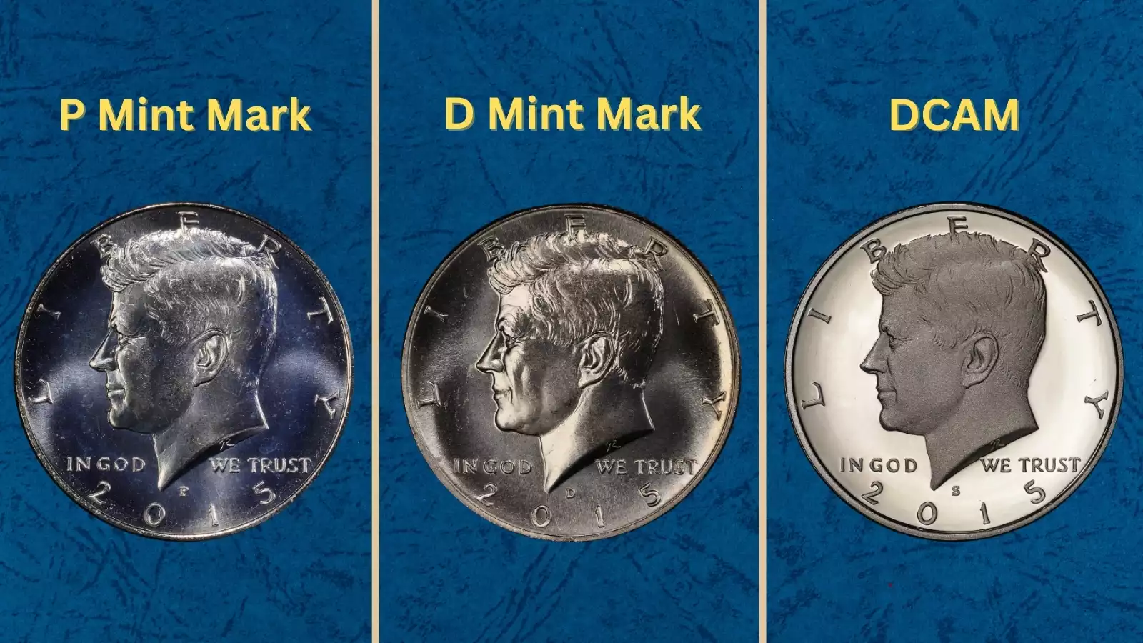 Group of 2015 Kennedy half dollars showing all four varieties including P, D, and S proof examples on dark velvet